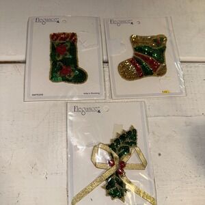 VTG Elegance CHRISTMAS Sequin Bead Applique 1 Holly And 2 Stockings